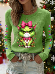 Women's Funny Christmas Grinch Cat Print Casual Waffle Top