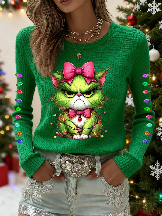 Women's Funny Christmas Grinch Cat Print Casual Waffle Top