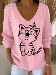 Women's Cute Cat Print Casual Long-Sleeve Top