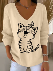 Women's Cute Cat Print Casual Long-Sleeve Top