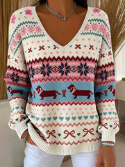 Women's Christmas Dachshund V-Neck Tops