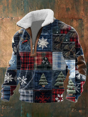 Men's Christmas Patchwork Printed Plush Stand Collar Sweater