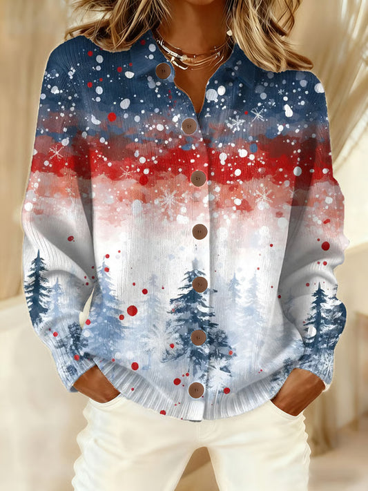 Women's Retro Christmas Tree Snowflakes Art Print Casual Cardigan