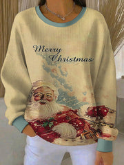 Women's Merry Christmas print Ribbed Round-Neck Sweatshirt