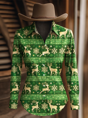 Women's Christmas Lantern Bow Print Western Long Sleeve Shirt