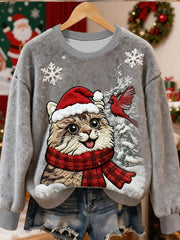 Women's Cute Christmas Cat Art Print Casual Flannel Sweater