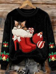 Women's Christmas Cute Cat Art Flannel Sweatshirt