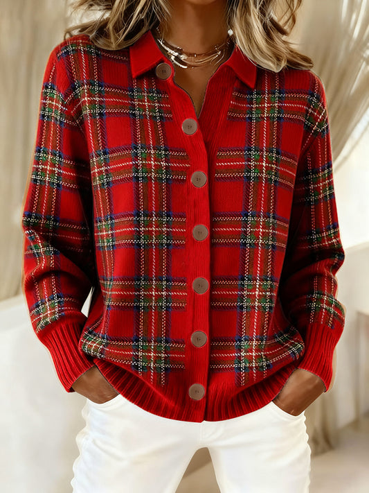 Women's Retro Christmas Plaid Art Print Casual Cardigan