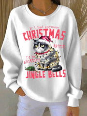 Women's Christmas cat print Ribbed Round-Neck Sweatshirt