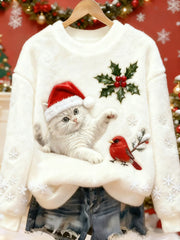 Women's Cute Christmas Cat Art Print Casual Flannel Sweater