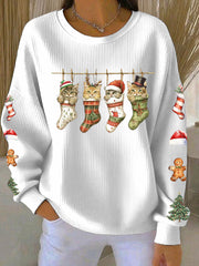 Women's Four Christmas cat print Ribbed Round-Neck Sweatshirt
