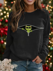 Women's Funny Christmas Grinch Cat Print Casual Sweatshirt