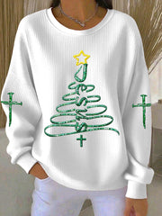 Women's Jesus Christmas Tree Ribbed Round-Neck Sweatshirt