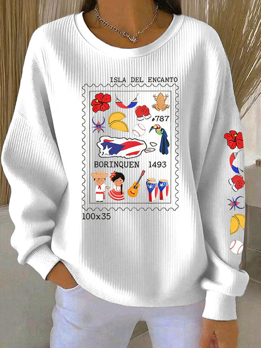 Women's Puerto Rico Stamp Ribbed Round-Neck Sweatshirt