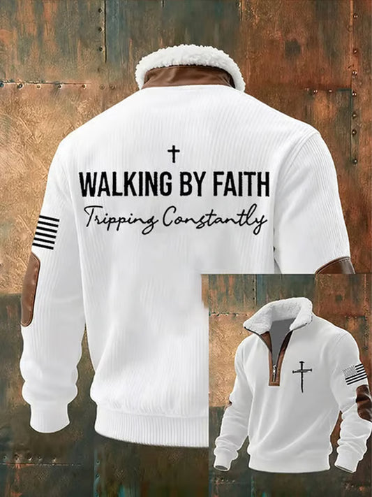 Men's Faith Cross Walking by Faith Tripping Constantly Print Zipper Fur Collar Sweatshirt