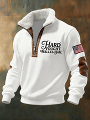 Men's Retro Christian Hard Fought Hallelujah Print Zipper Fur Collar Sweatshirt