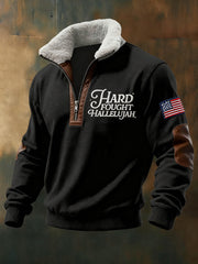 Men's Retro Christian Hard Fought Hallelujah Print Zipper Fur Collar Sweatshirt