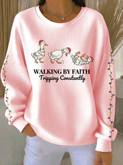 Women's Funny Christmas Goose Walking By Faith Tripping Constantly Ribbed Round-Neck Sweatshirt