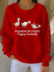 Women's Funny Christmas Goose Walking By Faith Tripping Constantly Ribbed Round-Neck Sweatshirt