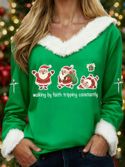 Women's Funny Christmas Santa Claus Walking By Faith Tripping Constantly Print Casual Fur-Collar Top