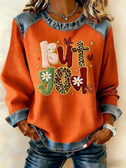 Women's Thanksgiving But God Printed Denim Patchwork Waffle Top