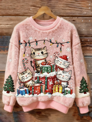 Women's Christmas tree and cat print Flannel Hoodie