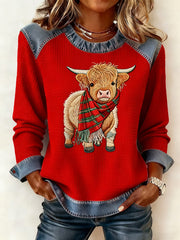 Women's Casual Retro Western Cute Christmas Highland Cow Denim Patchwork Top