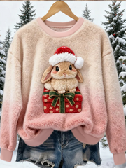 Women's Cute Christmas Rabbit Art Print Casual Flannel Sweater