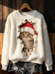 Women's Cute Christmas Cat Art Print Casual Flannel Sweatshirt