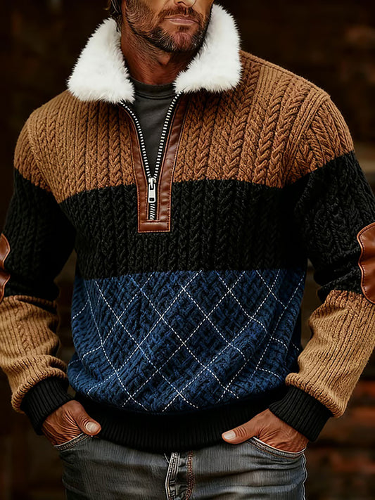 Men's Retro Plaid Print Casual Fur Collar Zipper Top
