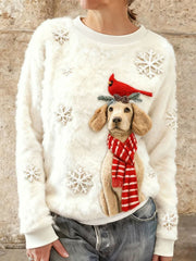 Women's Cute Christmas Golden Retriever & Bird Art Print Casual Flannel Sweatshirt