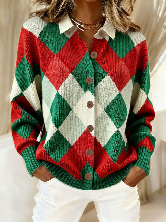 Women's Retro Christmas Plaid Art Print Casual Cardigan