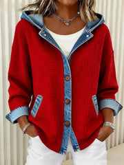 Women's Fashion Patchwork Design Waffle Hooded Cardigan