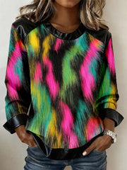 Women's Multicoloured Splatter Print Leather Patchwork Sweatshirt