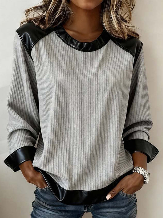 Women's Leather Patchwork Design Vintage Sweatshirt