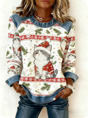 Women's Vintage Christmas Cat Denim Patchwork Sweatshirt