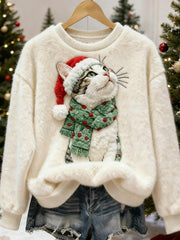 Women's Cute Christmas Cat Art Print Casual Flannel Sweatshirt