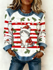 Women's Vintage Christmas Cat Denim Patchwork Sweatshirt