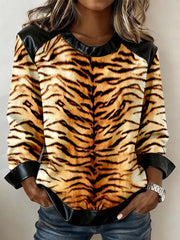 Women's Animal Fur Texture Art Print Leather Patchwork Sweatshirt