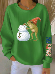 Women's Frog Snowman Christmas Art Print Ribbed Round-Neck Sweatshirt
