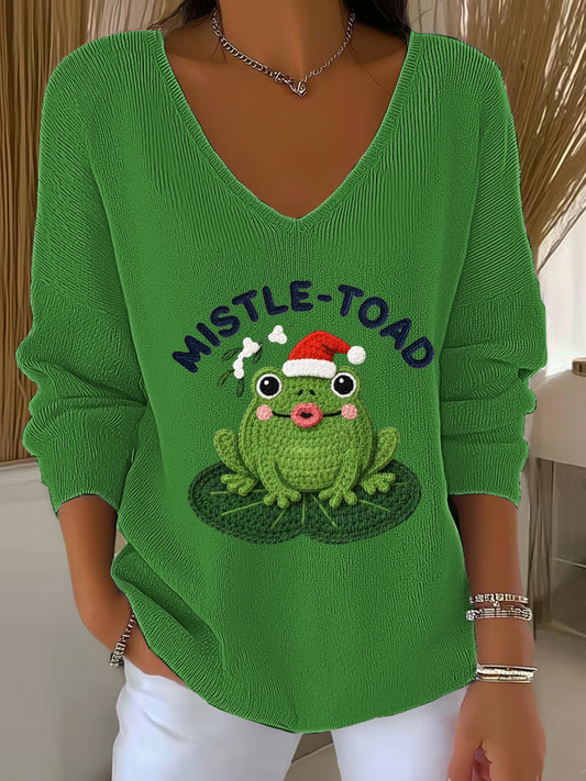Women's Frog Christmas Mistle Toad Art Print V-Neck Ribbed Top