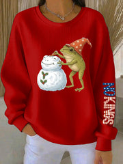 Women's Frog Snowman Christmas Art Print Ribbed Round-Neck Sweatshirt