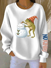 Women's Frog Snowman Christmas Art Print Ribbed Round-Neck Sweatshirt