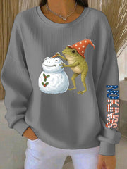 Women's Frog Snowman Christmas Art Print Ribbed Round-Neck Sweatshirt