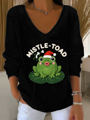 Women's Frog Christmas Mistle Toad Art Print V-Neck Ribbed Top