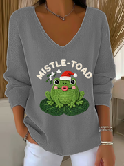 Women's Frog Christmas Mistle Toad Art Print V-Neck Ribbed Top