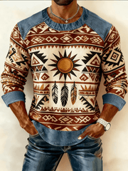 Men's Vintage Western Denim Patchwork Printed Sweatshirt