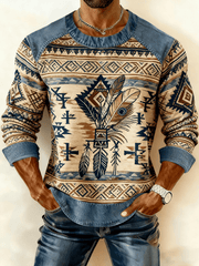 Men's Vintage Western Denim Patchwork Printed Sweatshirt