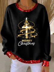 Women's Merry Christmas Faith Cross Print Ribbed Round-Neck Sweatshirt