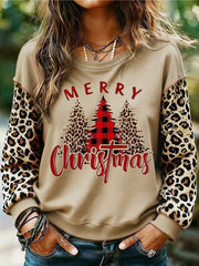 Women's Merry Christmas Leopard Christmas Tree Print Casual Sweatshirt